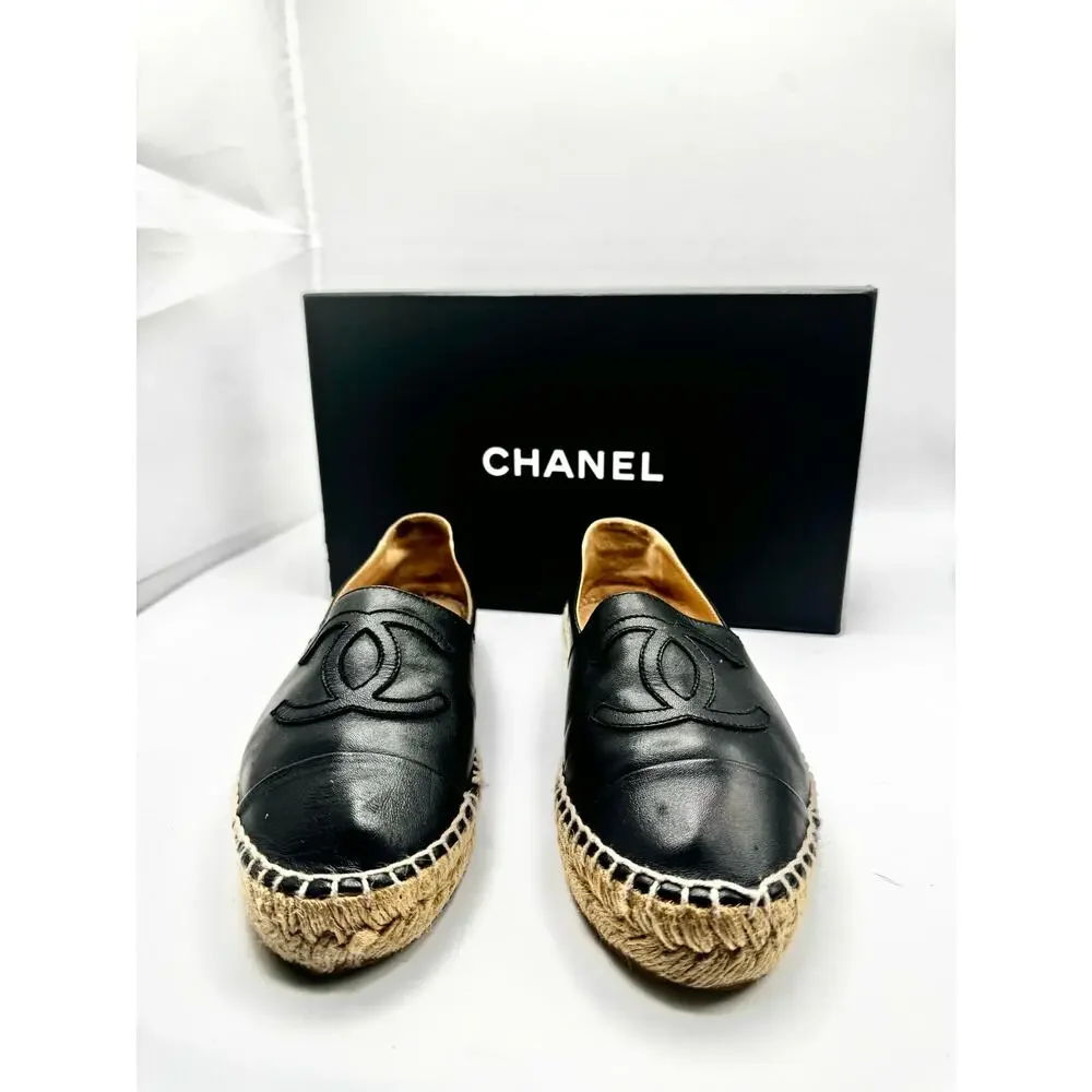 Chanel Black Canvas CC Logo Espadrille Flats Classic EU 35